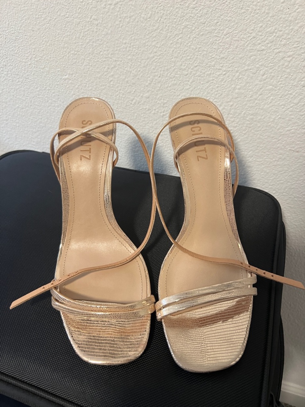 SCHUTZ Metallic Nude Strappy Square-Toe Heels